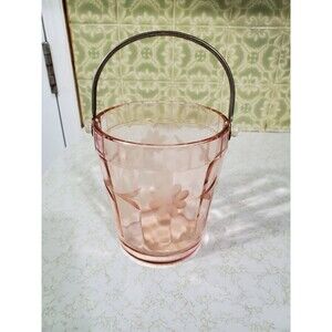 Vintage Pink Depression Glass Etched Floral Design Ice Bucket EUC